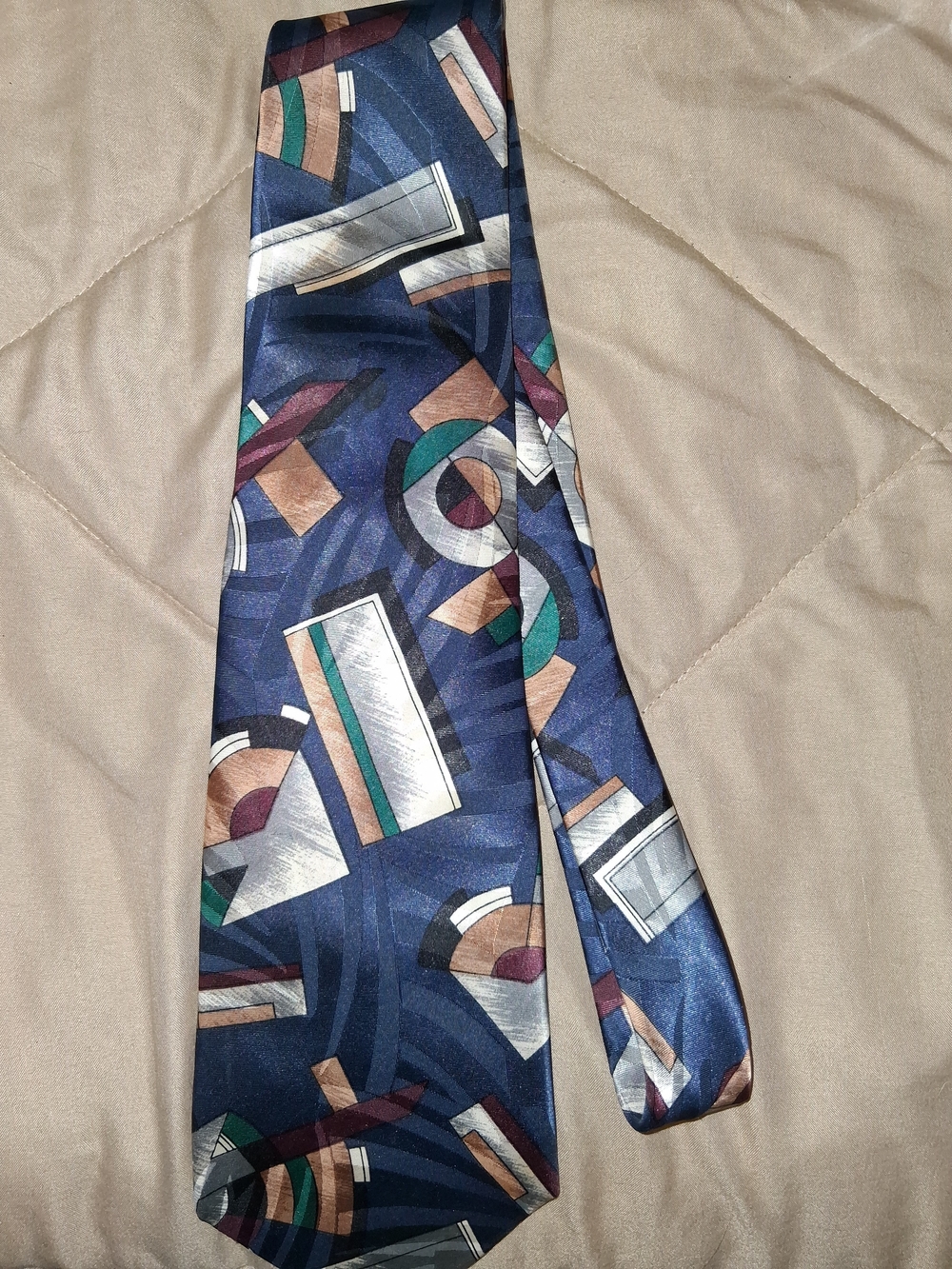Towncraft Navy Geometric Tie with Teal, Tan, Burgundy & Silver Accents
